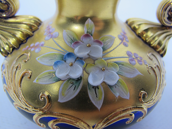 Vintage Bohemian Czech Cobalt Blue Art Glass Floral Vase Gold